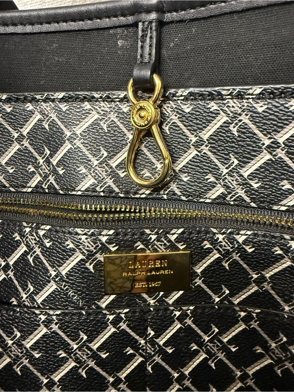 Lauren Ralph Lauren Black White Monogram Large Tote Bag